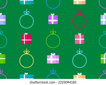 Gift boxes and Christmas decorations seamless pattern. Contours of Christmas balls. Merry christmas and Happy New Year. Festive design for print, wrapping paper and posters. Vector illustration