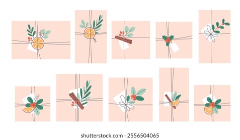 Gift boxes with Christmas floral decorations. Christmas presents. Vector illustration in flat style