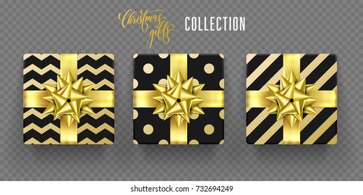 Geschenkbox mit goldenem Bandbogen und goldenem Muster für Neujahr oder Weihnachtsgeschenke Dekoration oder Grußkartendesign Element. Geburtstagsfeiertag, goldene Geschenke auf transparentem Hintergrund