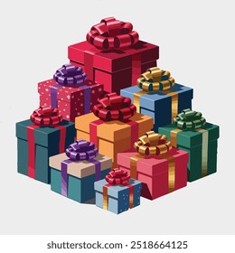 Gift Boxes for Christmas and New Year, Winter Holiday, Birthday, Valentines Day, celebrate, beautiful gift boxes with satin ribbon isolated on white background, presents, festive gift boxes