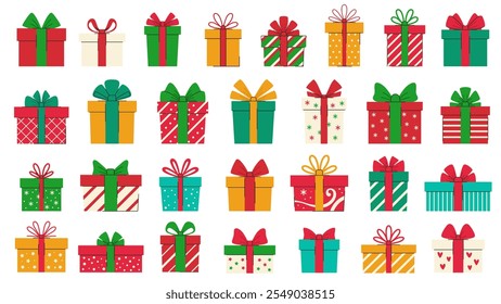 Gift boxes for Christmas and New Year set. Collection of gifts, flat style. Gifts with Christmas patterns. Isolated on white background.