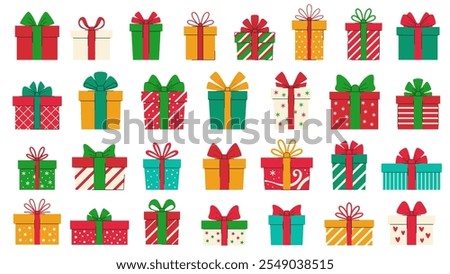 Gift boxes for Christmas and New Year set. Collection of gifts, flat style. Gifts with Christmas patterns. Isolated on white background.
