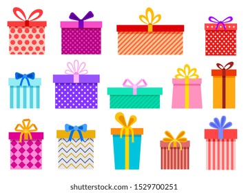 Gift Boxes. Christmas Present Wrapped Packages. Xmas, Birthday And Valentine Day Package. Flat Vector Isolated Set