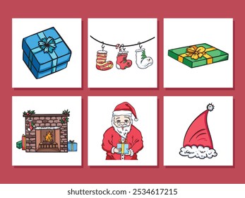 Gift boxes, Christmas socks, fireplace, santa claus, and santa hat illustration set. Simple flat outlined cartoon art styled Christmas themed drawing.