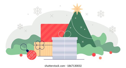 Gift boxes with a Christmas tree. Holiday decoration. Modern flat illustration. Vector file.