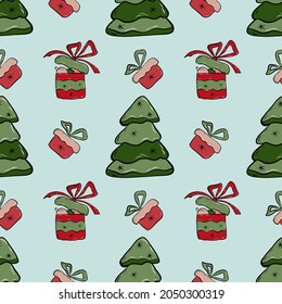 Gift boxes and a Christmas tree. Seamless pattern on a blue background. For the design of banners, postcards, wrapping paper, fabric, textiles.