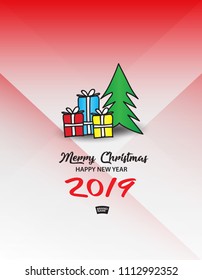 Gift boxes with Christmas tree. vector illustration, Merry Christmas and happy new year 2019 gift card template, banner, poster, flyer, advertisement layout, web banner, header