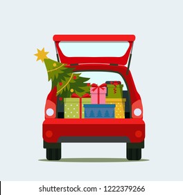 Gift boxes and christmas in the trunk of the car. Merry christmas. Vector flat style illustration