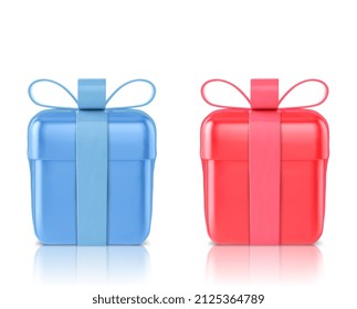 gift boxes closed set with pastel ribbon bow isolated on a white background. Realistic vector icon for birthday or wedding banners