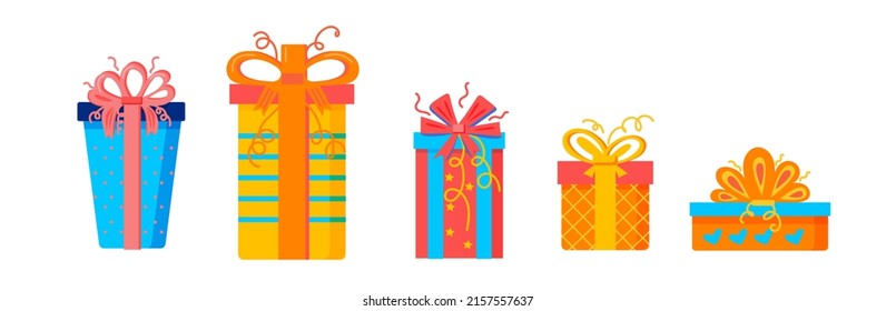  Gift boxes collection for birthday or other celebration present, set of different boxes. Vector illustration in flat style.