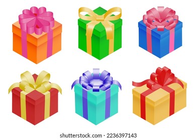 Gift boxes collection. Colorful boxes, isometric projection isolated on white background.