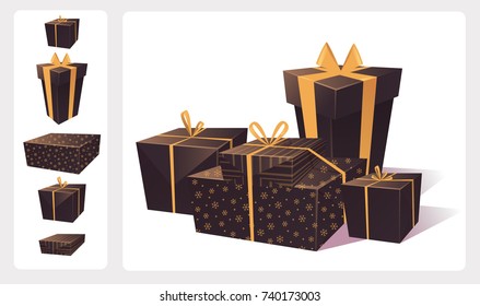 Gift boxes collection. Several presents wrapped in an elegant wrapping paper. Vector cartoon style.