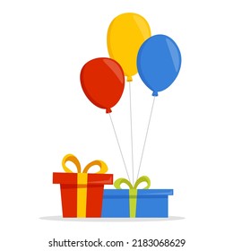 Gift boxes with color balloons isolated on white background. Birthday party. Vector cartoon illustration.