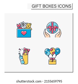 Gift boxes color icons set. Toy , flower and dress in case, box for bottle, decorations and surprise. Celebration concept. Isolated vector illustrations