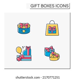 Gift Boxen Farbsymbole Set. Überraschung für besondere Aufgaben. Festungskonzept. Einzelne Vektorgrafiken