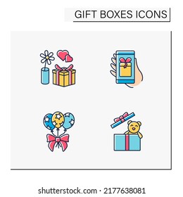 Gift boxes color icons set. Toy , flower in case, surprise for business service in mobile phone, balloons. Celebration concept. Isolated vector illustrations