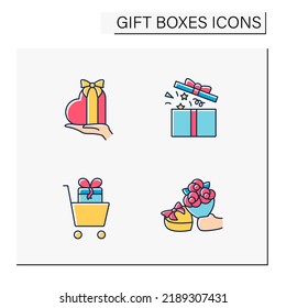 Gift boxes color icons set. Surprise explosion confetti box, romantic present. Celebration concept. Isolated vector illustrations