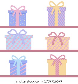 Gift Boxes color set with Ribbon. Holiday Christmas gift box. Present box icon. Xmas present.