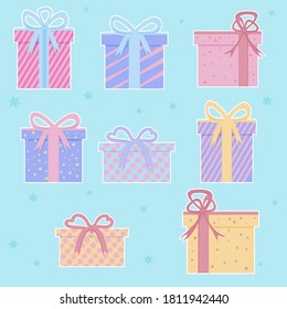 Gift Boxes colored with Ribbon set. Holiday Christmas gift box. Present box icon. Xmas present.