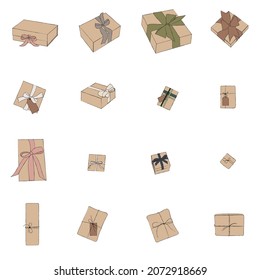 Juego de boceto coloreado con cajas de regalo. Colección de cuadros actuales. Cajas con cintas.