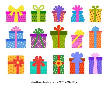 Gift boxes colorful flat cartoon icon set. Birthday present, wedding or xmas holidays package, greeting surprise box with ribbons and bow isolated. Prize for giveaway, happy event celebration