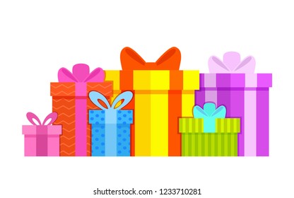 Gift boxes colorful flat style on white background with bows. Big pile of colorful wrapped gift boxes. Christmas, birthday, holidays concept. Vector illustration.