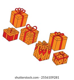 Gift boxes colorful presents festive wrapping red ribbons orange and red color scheme
various patterns and decorations  holiday celebration cheerful design gift-giving theme