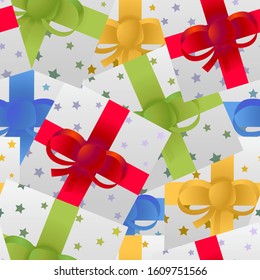 Gift boxes colourful seamless pattern. Repetitive birthday, Christmas, celebration, give away white gift boxes with red, blue, green, yellow ribbons. EPS 10.