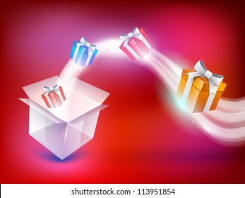 Gift boxes coming out from box, Merry Christmas background. EPS 10.