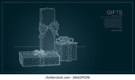 Gift boxes composed of polygon. Holiday christmas concept. Low poly vector illustration of a mesh . The boxes consists of lines, dots and shapes. Wireframe connection structure. EPS 10 vector