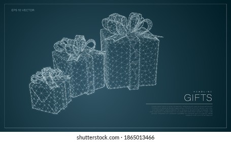 Gift boxes composed of polygon. Holiday christmas concept. Low poly vector illustration of a mesh . The boxes consists of lines, dots and shapes. Wireframe connection structure. EPS 10 vector