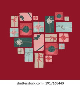 Gift boxes in a composition made from hearts. Valentine's day card concept