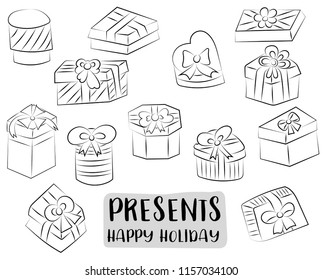 Gift boxes concept icons set. Presents for holidays, christmas, birthday, anniversary. Black and white outline coloring page kids game. Vector illustration.