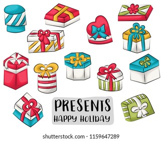 Gift boxes concept icons set. Presents for holidays, christmas, birthday, anniversary. Vector illustration.