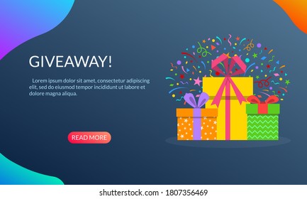 Cajas de regalo con pancarta de confeti. Afiche de regalo para los medios sociales. Concepto de diseño de premios o recompensas para ganadores. Ilustración vectorial.
