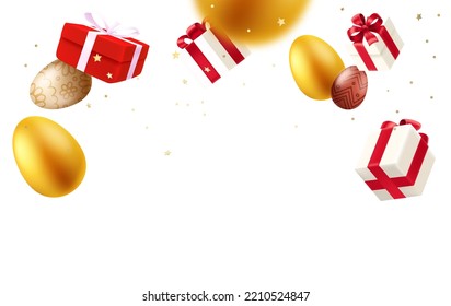 Gift boxes, confetti and eggs falling down. Levitation effect. Happy Easter card. 3d vector illustration 