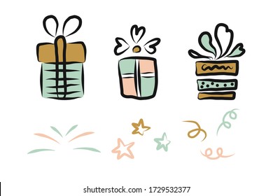Gift boxes with confetti. Flat style hand drawn. A real package with discontinuous elements. Template design for surprise, holiday event, gifts, birthday, Christmas. Vector illustration