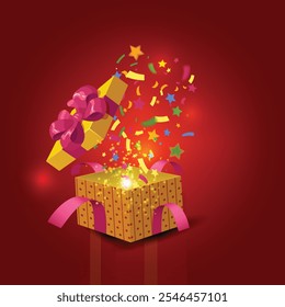 Gift Boxes And Confetti With Red Background.