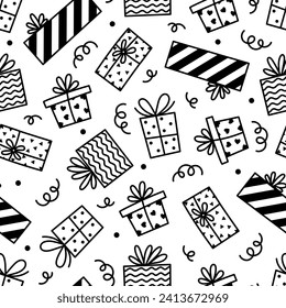 Gift boxes and confetti seamless vector pattern. Containers with bow, ribbon. Black and white presents with polka dot, stripes. Hand drawn doodle, holiday sketch. Background for party, birthday, event