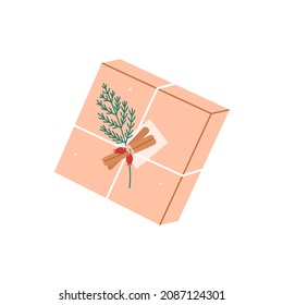 Gift boxes in crafting paper with cinnamon and spruce branch. Eco package with decor elements. Flat vector illustration.