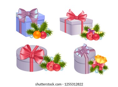 Gift boxes and Cristmas decorations. Set of elements, isolated on white, vector.