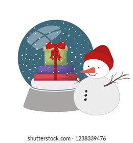 gift boxes in crystal ball and snow man isolated icon