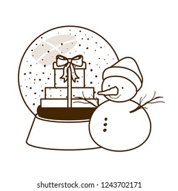 gift boxes in crystal ball and snow man isolated icon