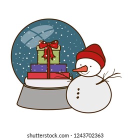 gift boxes in crystal ball and snow man isolated icon