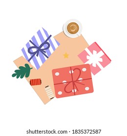 Gift boxes and a cup of coffee, a vector graphics