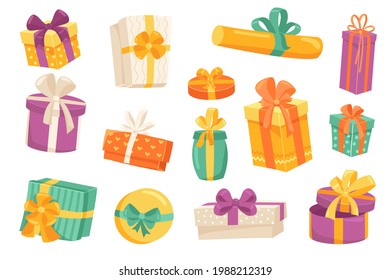 Gift boxes cute stickers isolated set. Collection of boxes in wrapping paper with bows of different types. Celebrating holidays, giving presents at event. Vector illustration in flat cartoon design