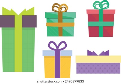 Gift boxes cute stickers isolated set. Collection of boxes in wrapping paper with bows of different types. Celebrating holidays, giving presents at event. Vector illustration in flat cartoon design