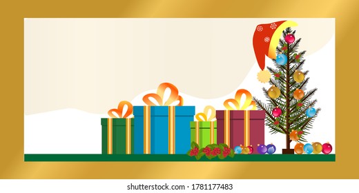 Gift boxes and a decorated Christmas tree for New Year and Christmas. Can be used for collages, greetings, cards, magazines, banners, stickers, web designs.