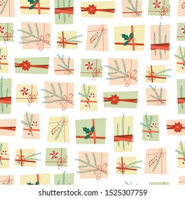 Gift boxes decorated with fir branches and red ribbons. Merry Christmas seamless pattern. Set of presents. Vector illustration on cartoon and flat style on white background