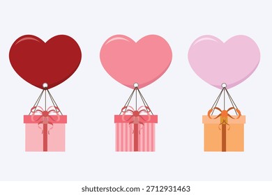 Cajas de regalo decoradas con globos flotantes en forma de corazón en tonos rojos y rosados.